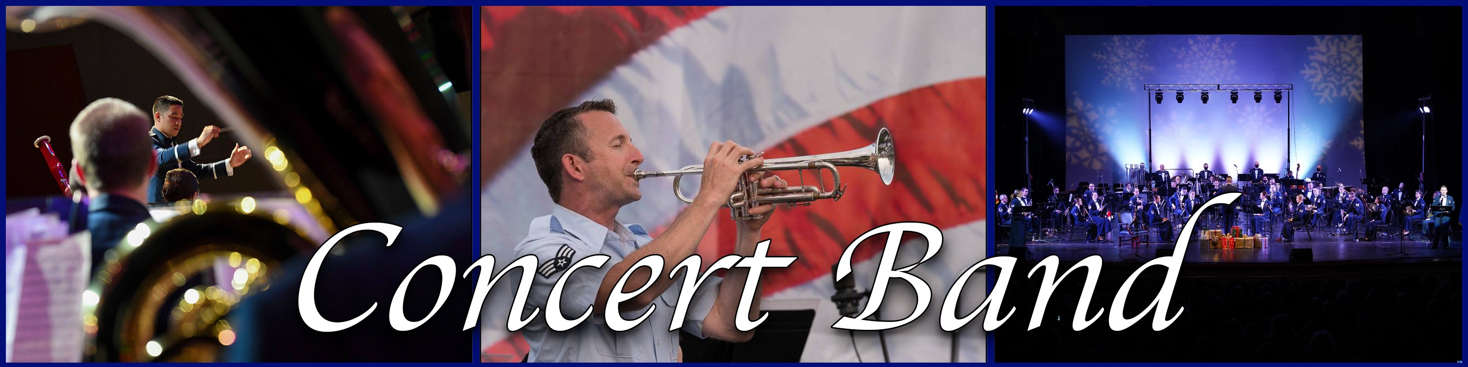 A three-part graphic created to show three scenes of the Heritage of America Concert Band. There is a blue border around the outside and between the images. On the left is a close photo of a tuba player, in the center a trumpet player performs in light blue uniform in front of an American flag, and on the right the full concert band sits on a dark stage illuminated by bright lights. White text above them all reads "Concert Band" in italics.